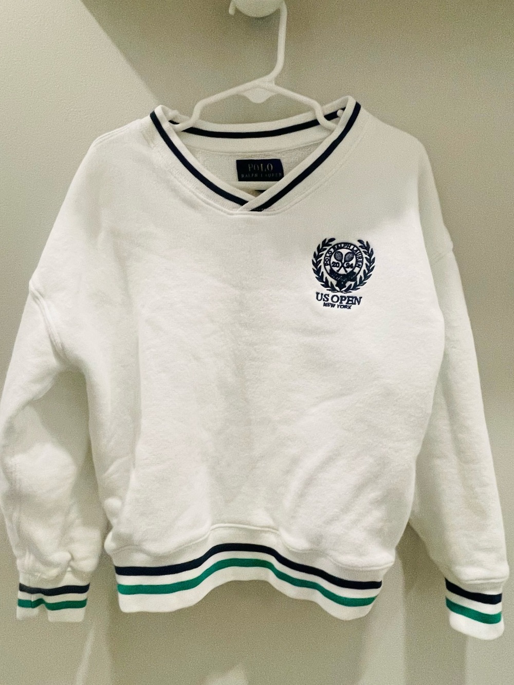 Polo Ralph Lauren Kids White US Open Crest V-Neck Sweatshirt for 6 year